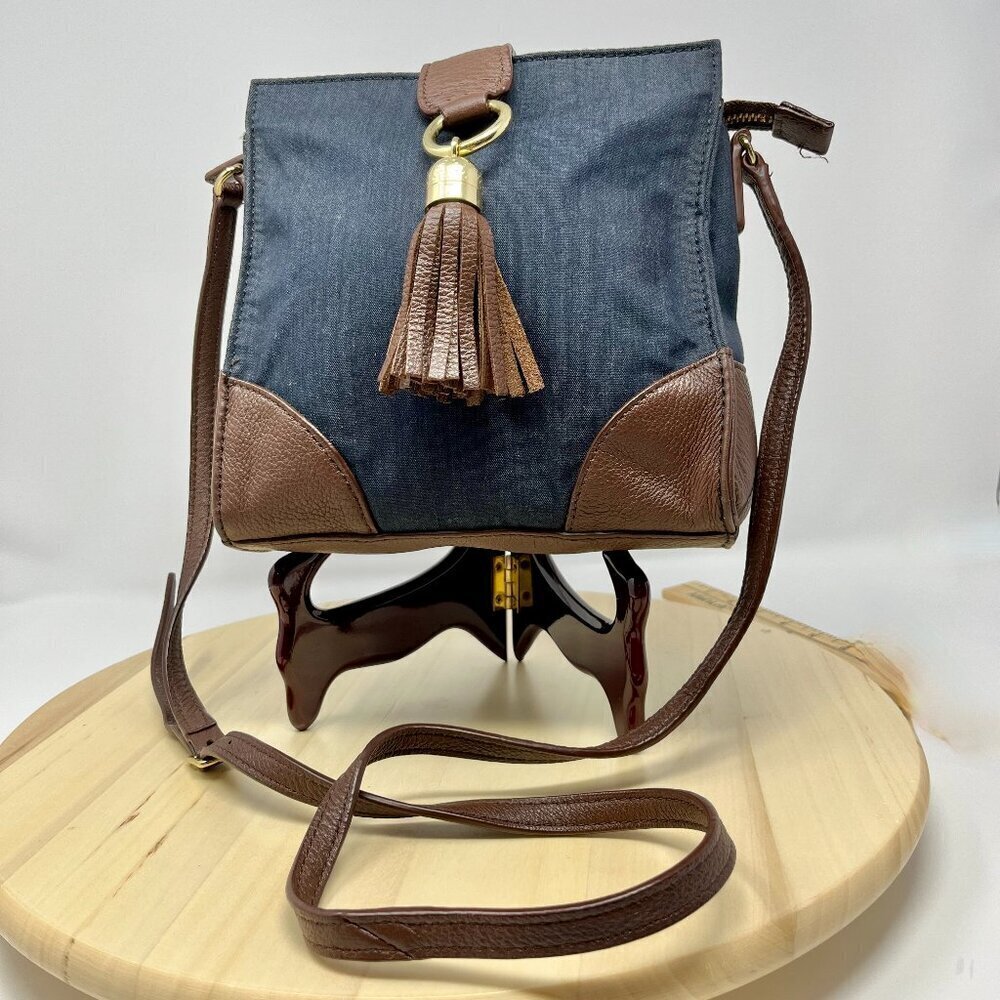 Talbots Denim Leather Crossbody Bag Tassel preppy coastal boho